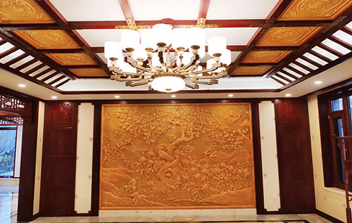 丰宁中式别墅客厅中式木作横梁吊顶装饰展示