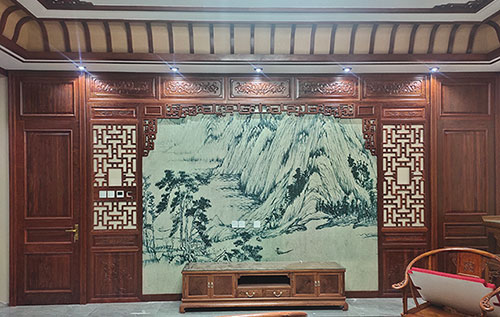 丰宁中式仿古别墅客厅背景墙花格木作装饰